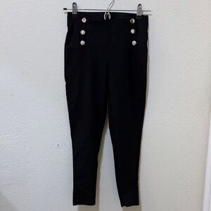Black High-Waisted Pants with Silver Buttons Fancy Elegant Leggings
